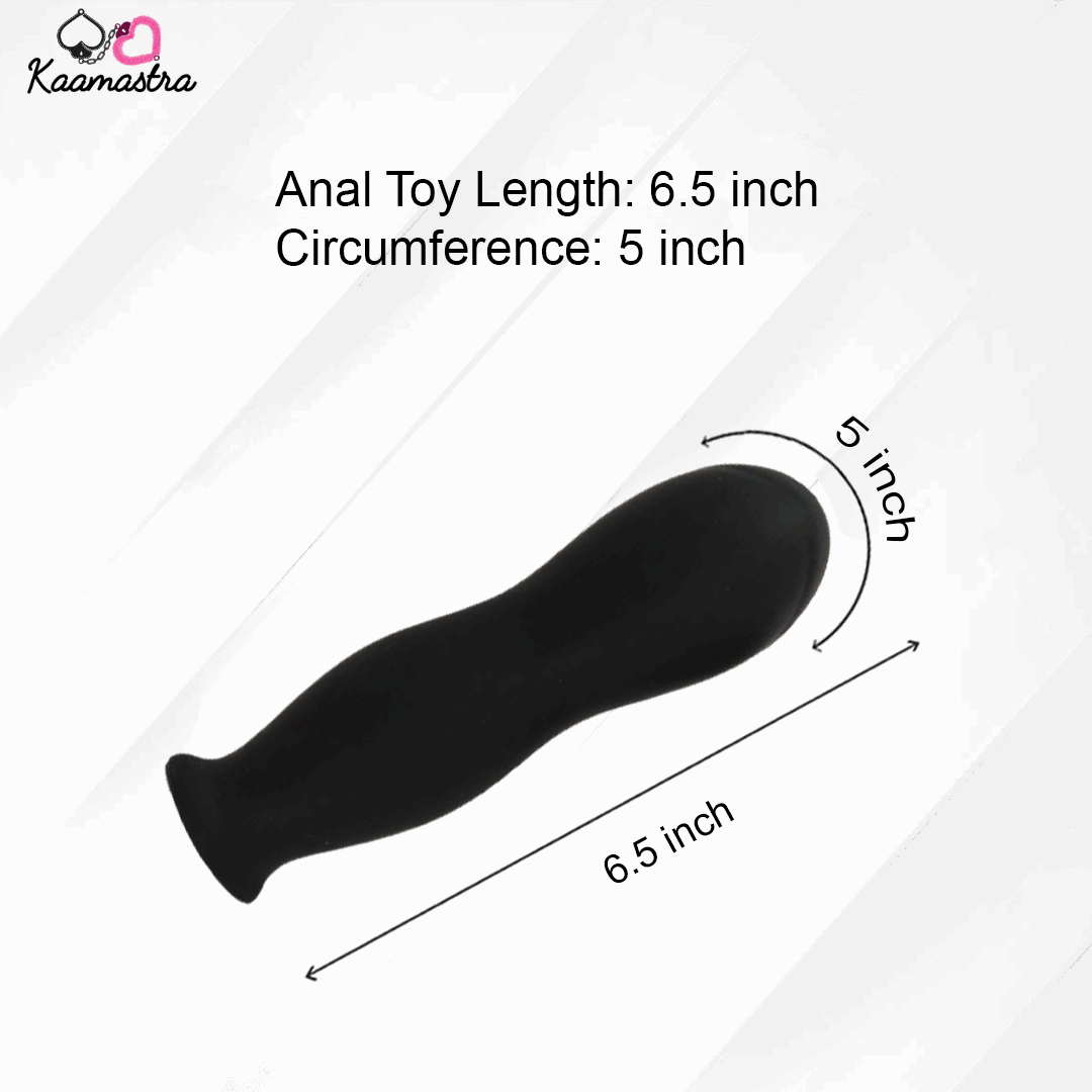 Black anal toy with measurements on a white background, branded 'Kaamastra'.