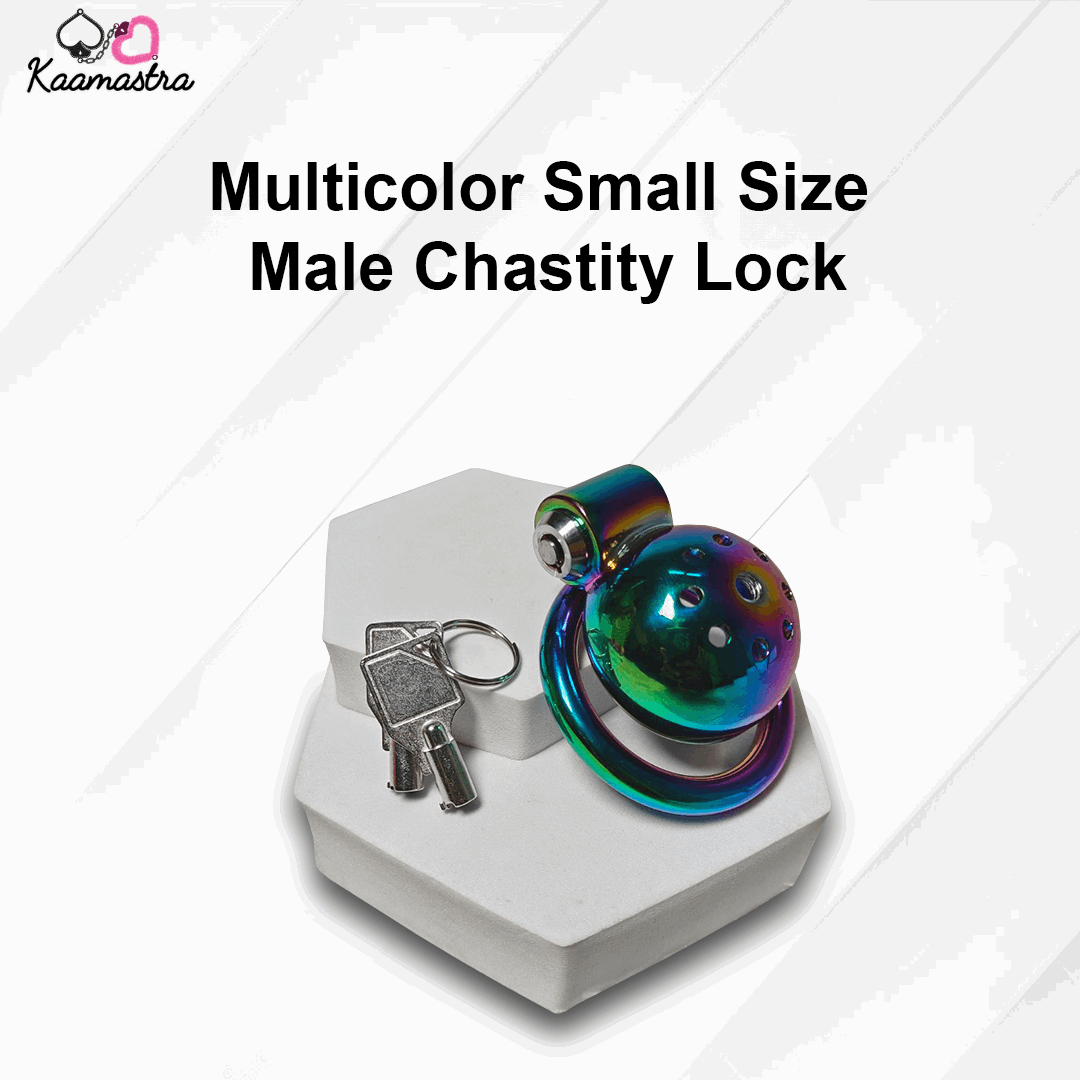 Multicolor small size male chastity lock on a white background with 'Kaamastra' branding.