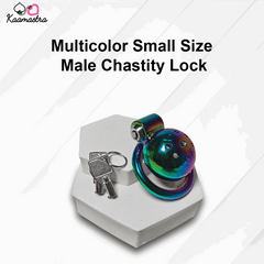 Multicolor small size male chastity lock on a white background with 'Kaamastra' branding.