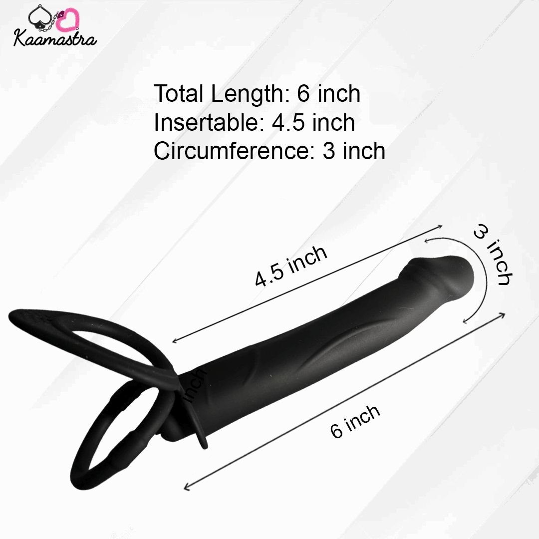 Black product with measurements on a white background, featuring the brand 'Kaamastra'.