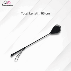 Black feather duster with total length measurement on a white background