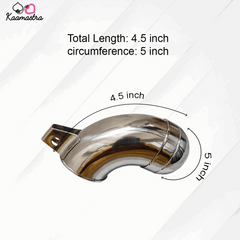 Metallic elbow pipe with dimensions on a white background