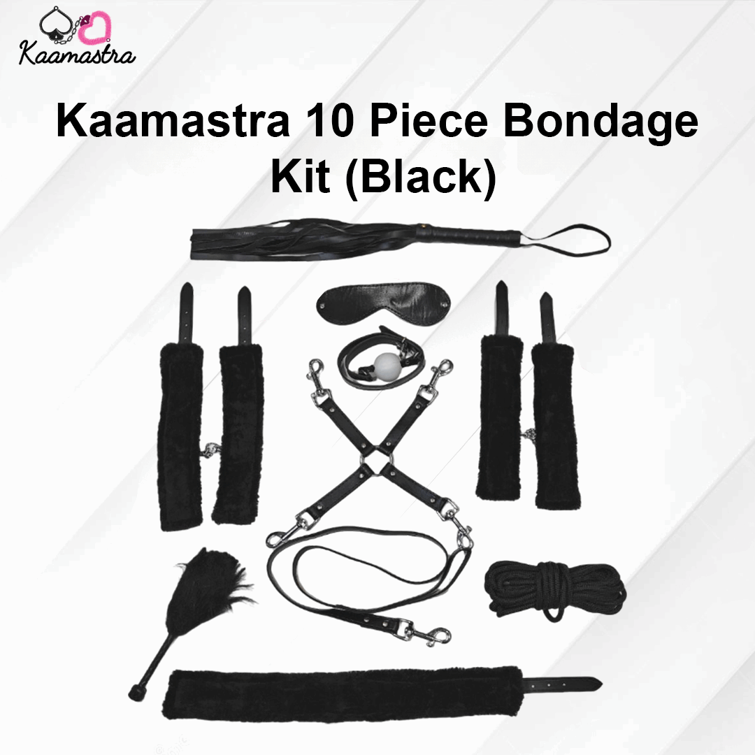 Kaamastra 10 Piece Bondage Kit with various black items on a white background