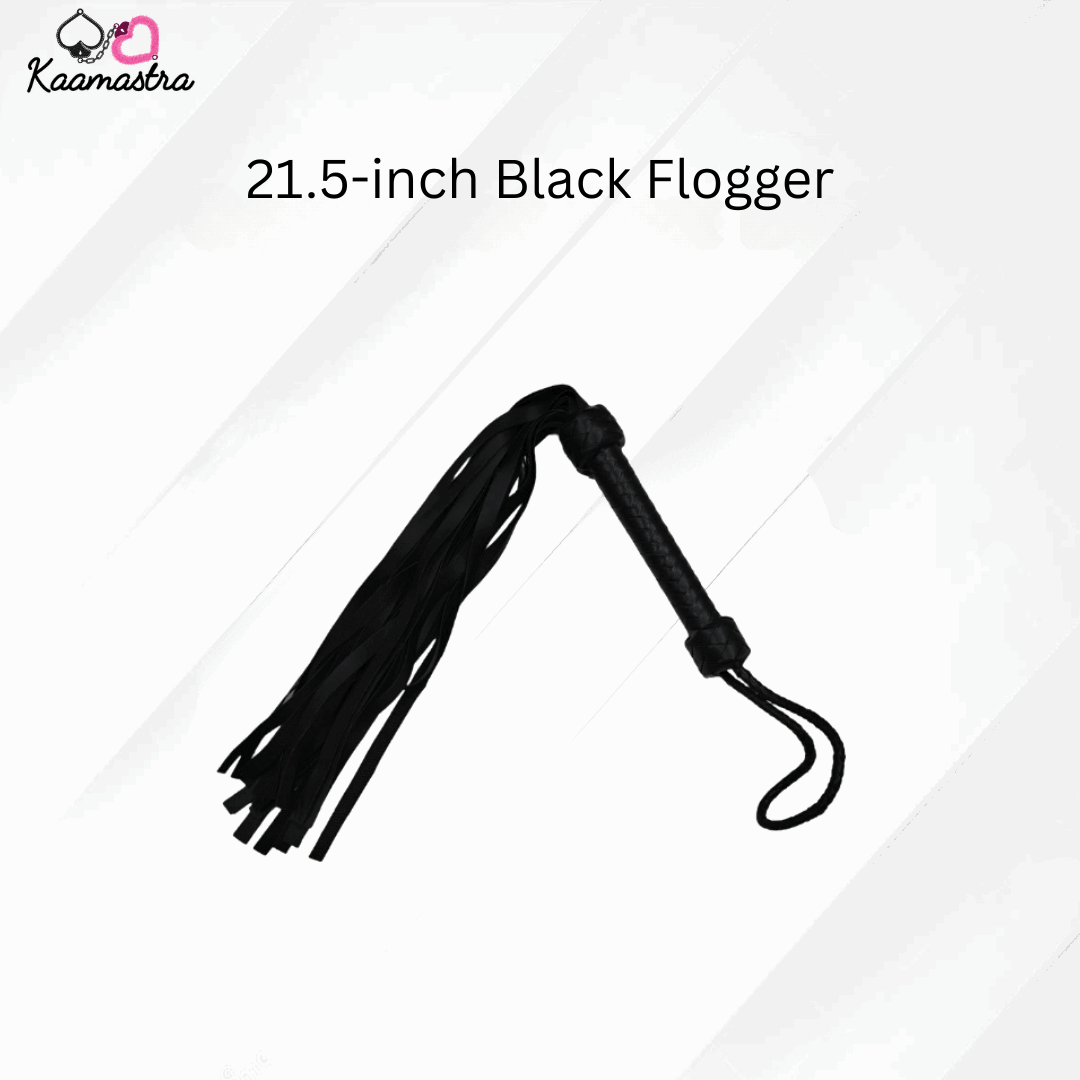 Black flogger with 21.5-inch length on a white background, branded as Kaamastra.