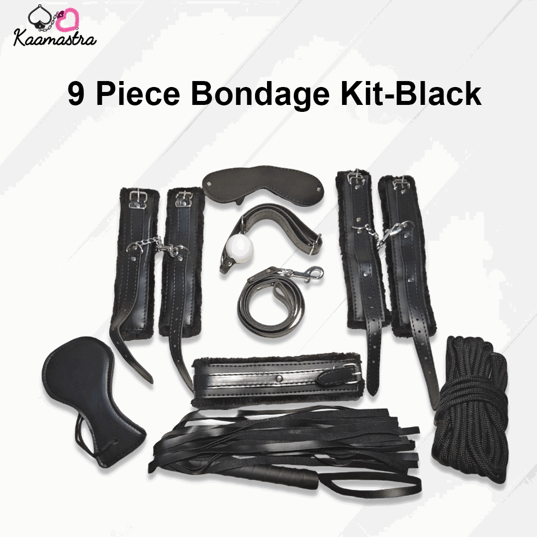 Kaanastha 9-Piece Black Bondage Kit laid out on a flat surface.