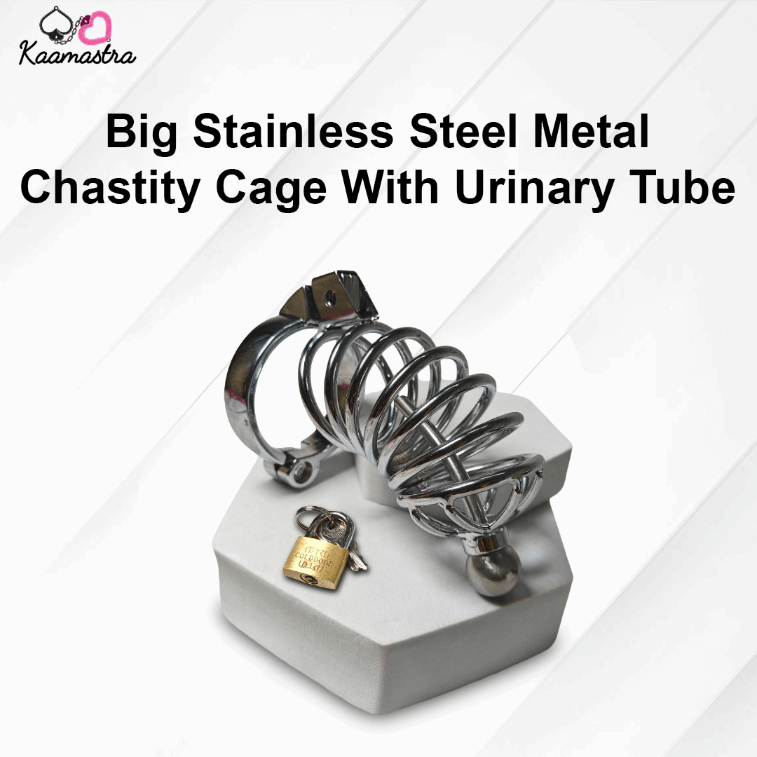 Stainless steel metal chastity cage with urinary tube on a white background, branded as Kaamastra.