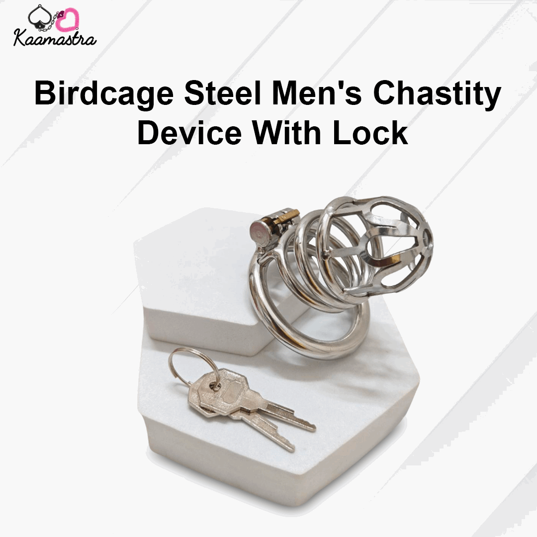 Birdcage steel men's chastity device with lock on a white platform, branded as Kaamastra.