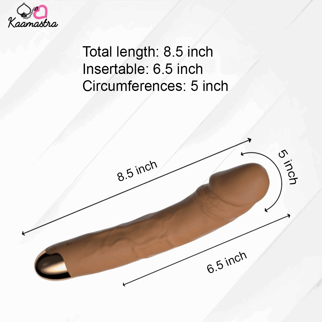 Dimensions of Kaamastra’s dildo vibrator: 8.5-inch total length, 6.5-inch insertable, 5-inch circumference