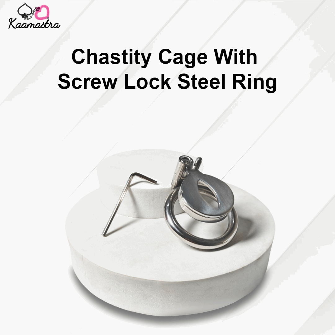 Chastity cage with screw lock steel ring on a white background