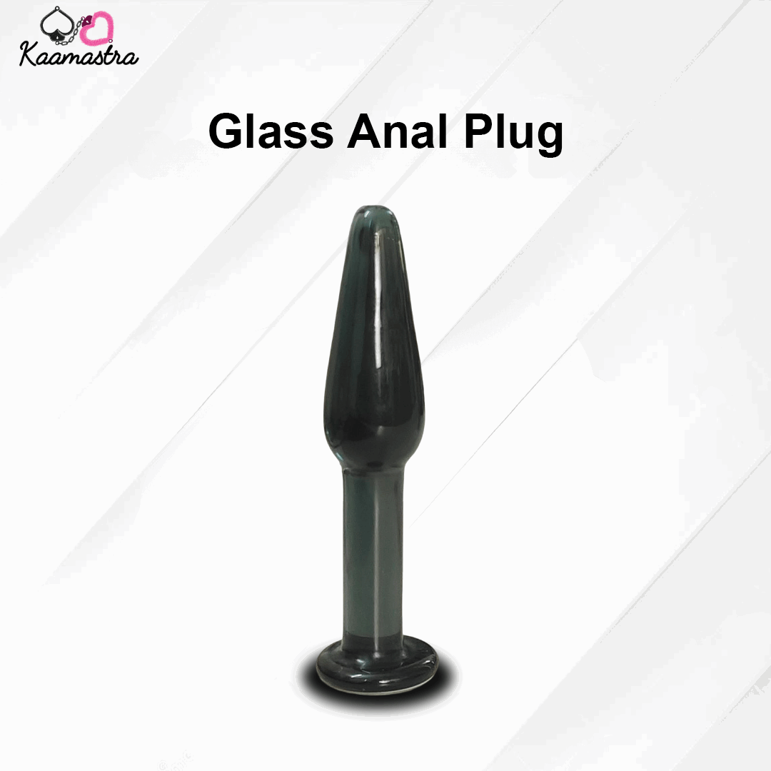 Glass anal plug with 'Kaamastra' branding on a white background