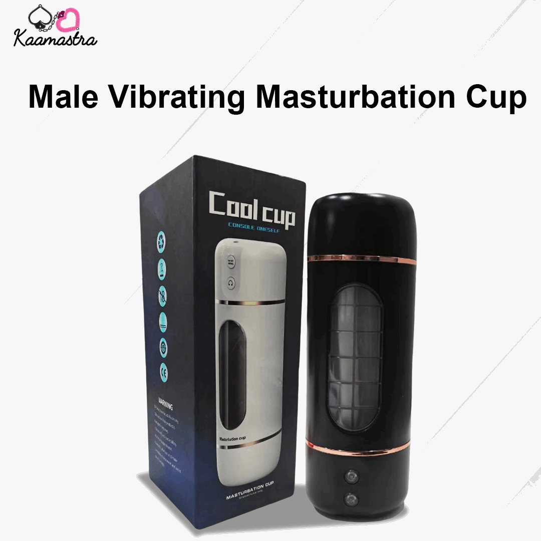 Male vibrating masturbation cup with packaging on a white background
