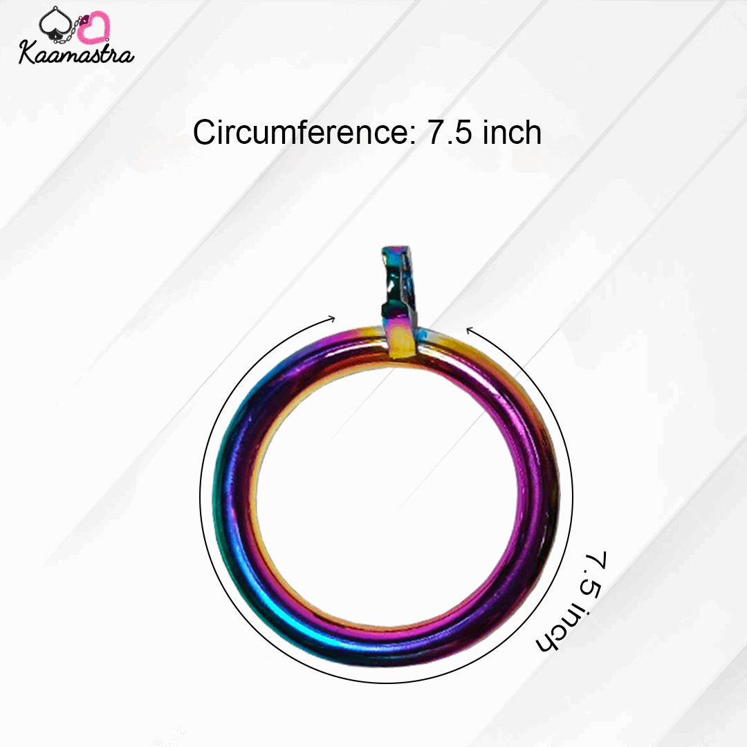Multicolored circular object with measurement text on a white background