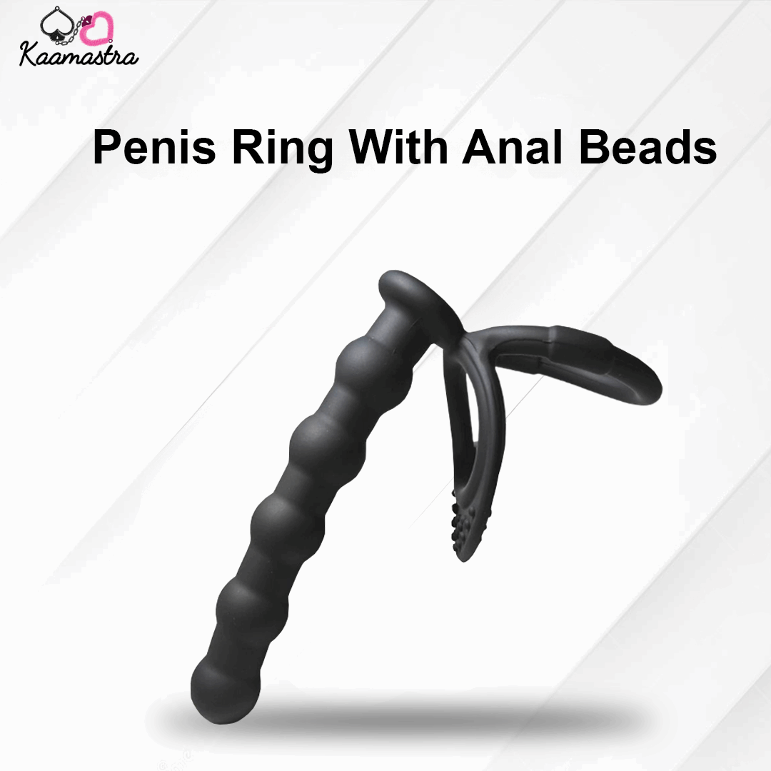 Black penis ring with anal beads on a white background
