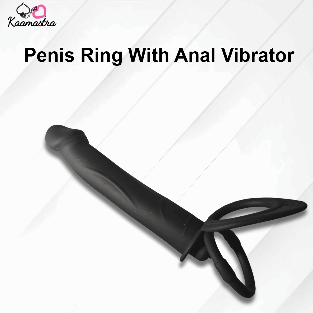 Black penis ring with anal vibrator on a white background