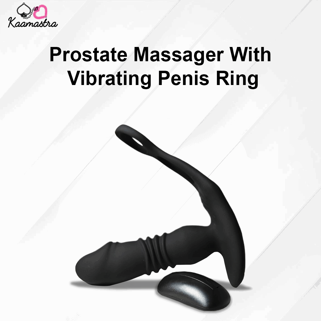 Kaamastra dual-action vibrating prostate massager with penis ring shown on a black background.

