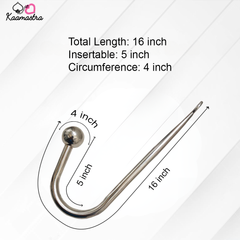 Measurement chart for a metallic curved object with dimensions labeled, branded 'Kaamastra'.