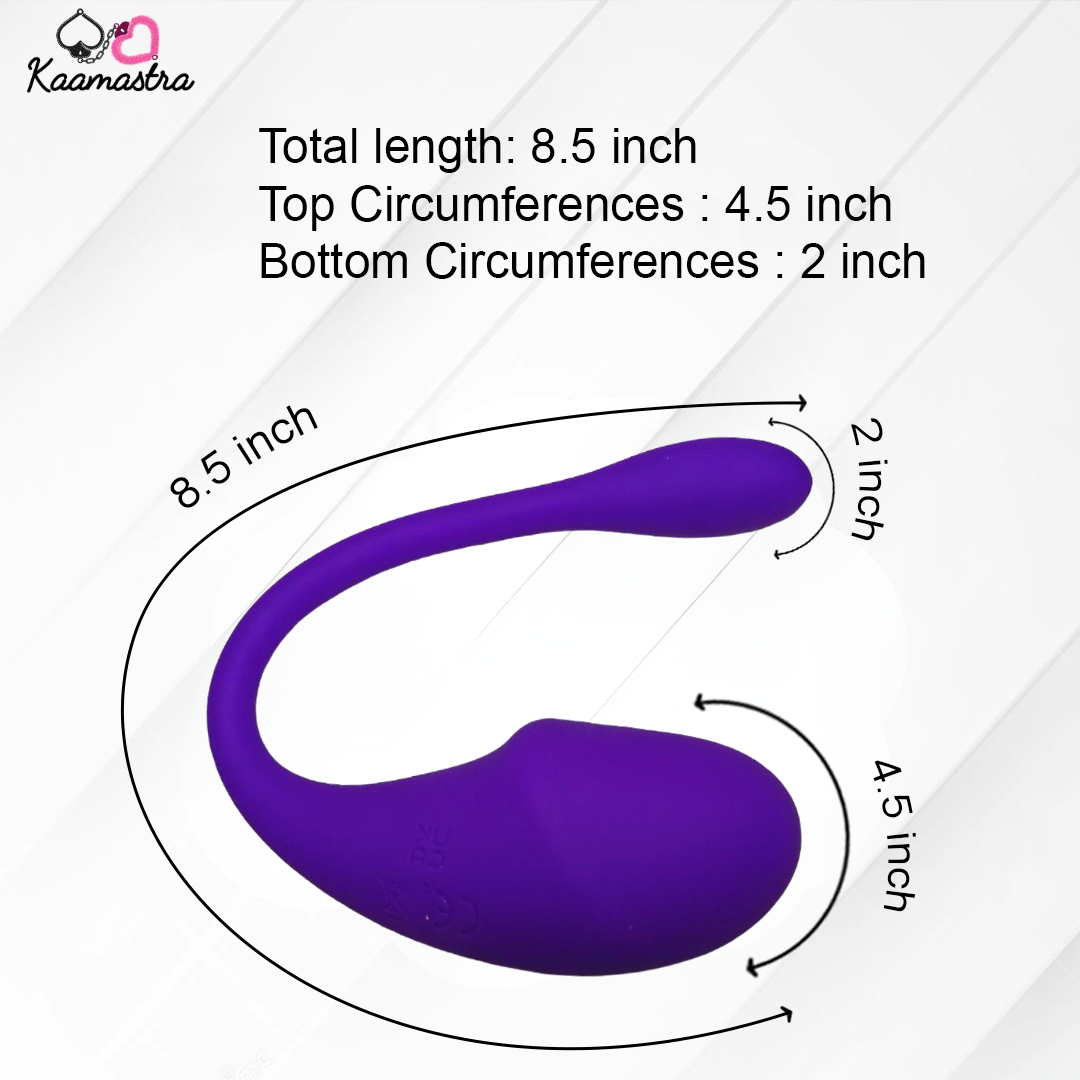 Measurement chart of a purple object with dimensions labeled, featuring the brand 'Kaamastra'.