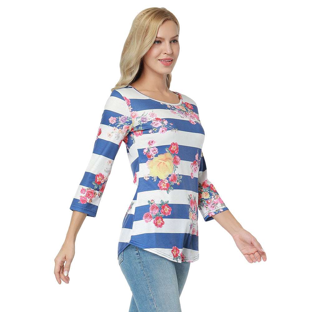 White And Blue Full Sleeve Striped Floral Printed Women Top