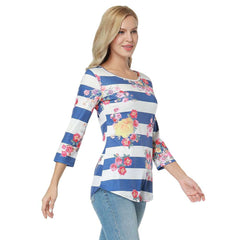 White And Blue Full Sleeve Striped Floral Printed Women Top
