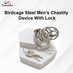 Birdcage steel men's chastity device with lock on a white platform, branded as Kaamastra.