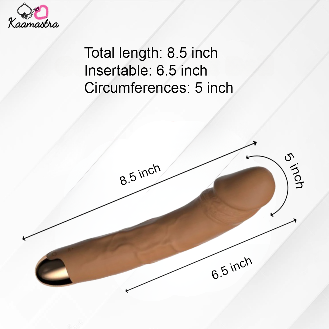 Dimensions of Kaamastra’s dildo vibrator: 8.5-inch total length, 6.5-inch insertable, 5-inch circumference