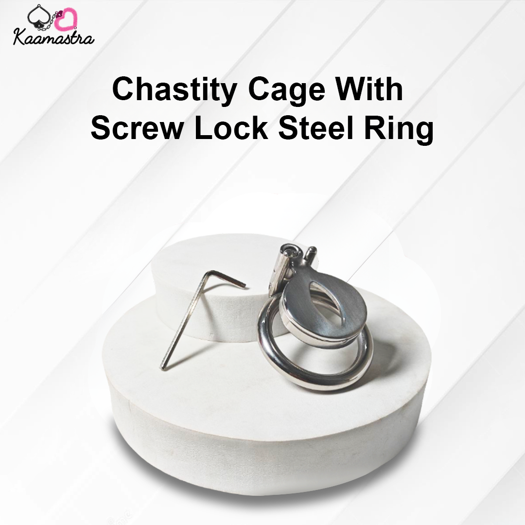 Chastity cage with screw lock steel ring on a white background