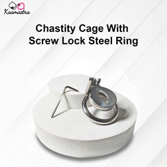 Chastity cage with screw lock steel ring on a white background