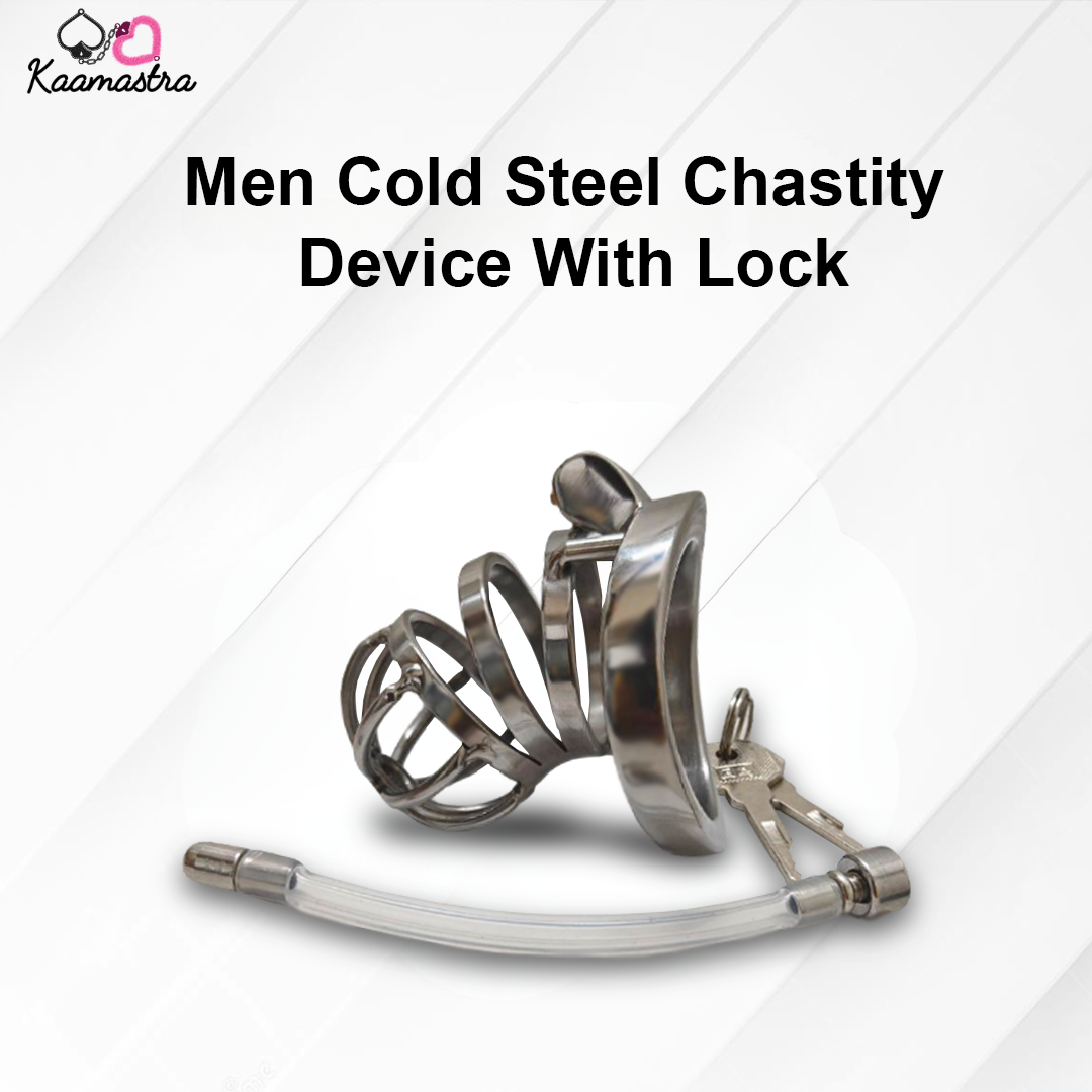 Men Cold Steel Chastity Device with Lock on a white background