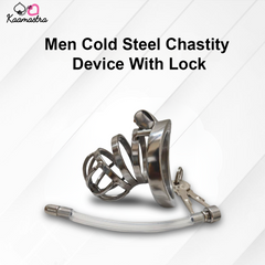 Men Cold Steel Chastity Device with Lock on a white background