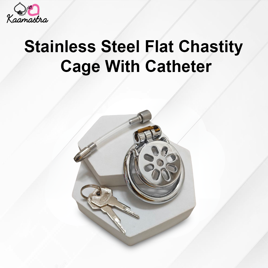 Stainless Steel Flat Chastity Cage with Catheter on a white background