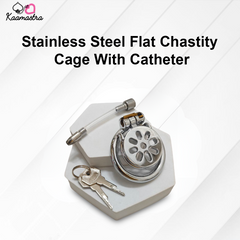 Stainless Steel Flat Chastity Cage with Catheter on a white background
