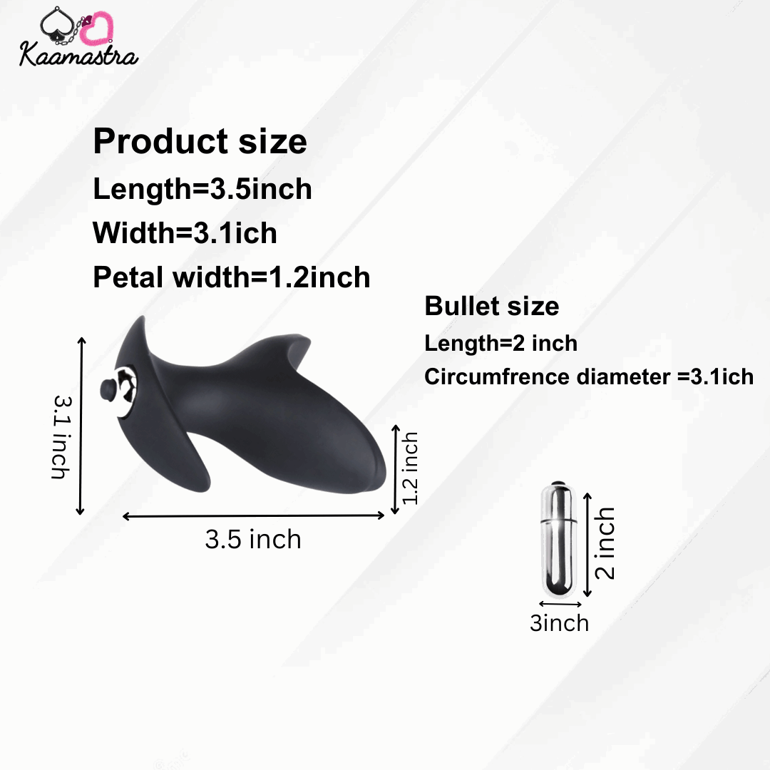 Size specifications for Kaamastra Vibrating Prostate Plug showing length, width and petal measurements