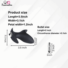 Size specifications for Kaamastra Vibrating Prostate Plug showing length, width and petal measurements