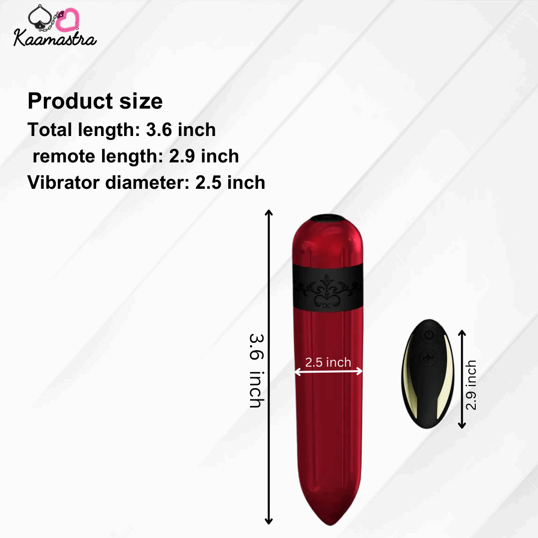 Size dimensions of Red Bullet Vibrator with remote - 3.6 inch length, 2.5 inch diameter