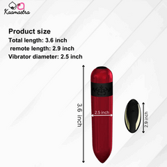 Size dimensions of Red Bullet Vibrator with remote - 3.6 inch length, 2.5 inch diameter