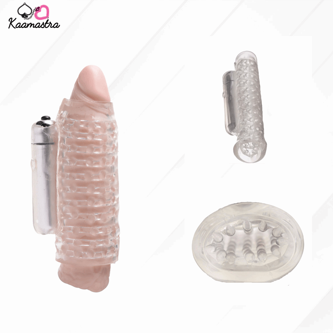 Multiple angles of Transparent Silicone Masturbator Sleeve showing inner textures and bullet

