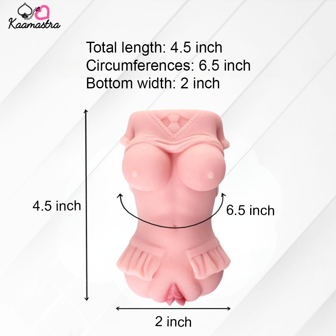 Close-up of Kaamastra Mini Masturbator showing 4.5-inch length and 6.5-inch circumference