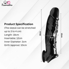 Kaamastra Silicone Black Penis Sleeve product specifications, including length, insertable size, and stretchability