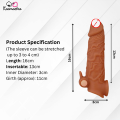 Kaamastra penis sleeve specifications: 16cm length, 11cm girth, stretches to 4cm diameter