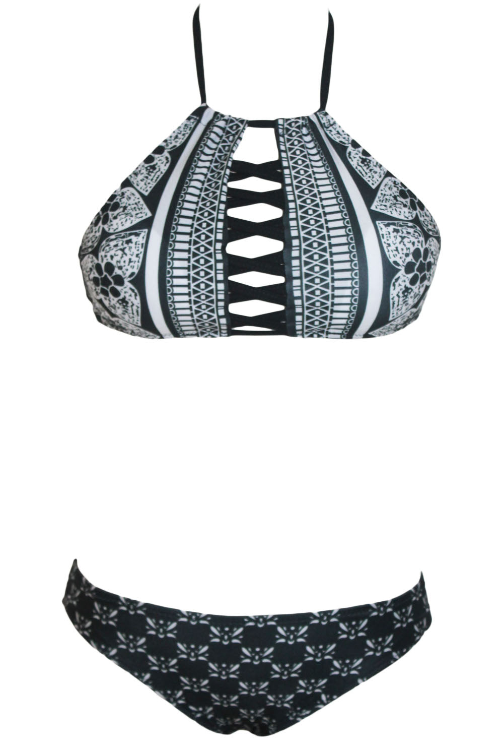 Kaamastra Black & White Printed Halter Neck Bikini for Women