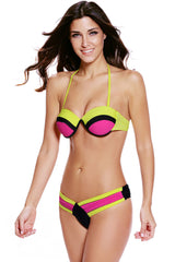 Kaamastra Pink Yellow & Black Strappy Bikini Set