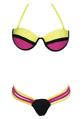 Kaamastra Pink Yellow & Black Strappy Bikini Set