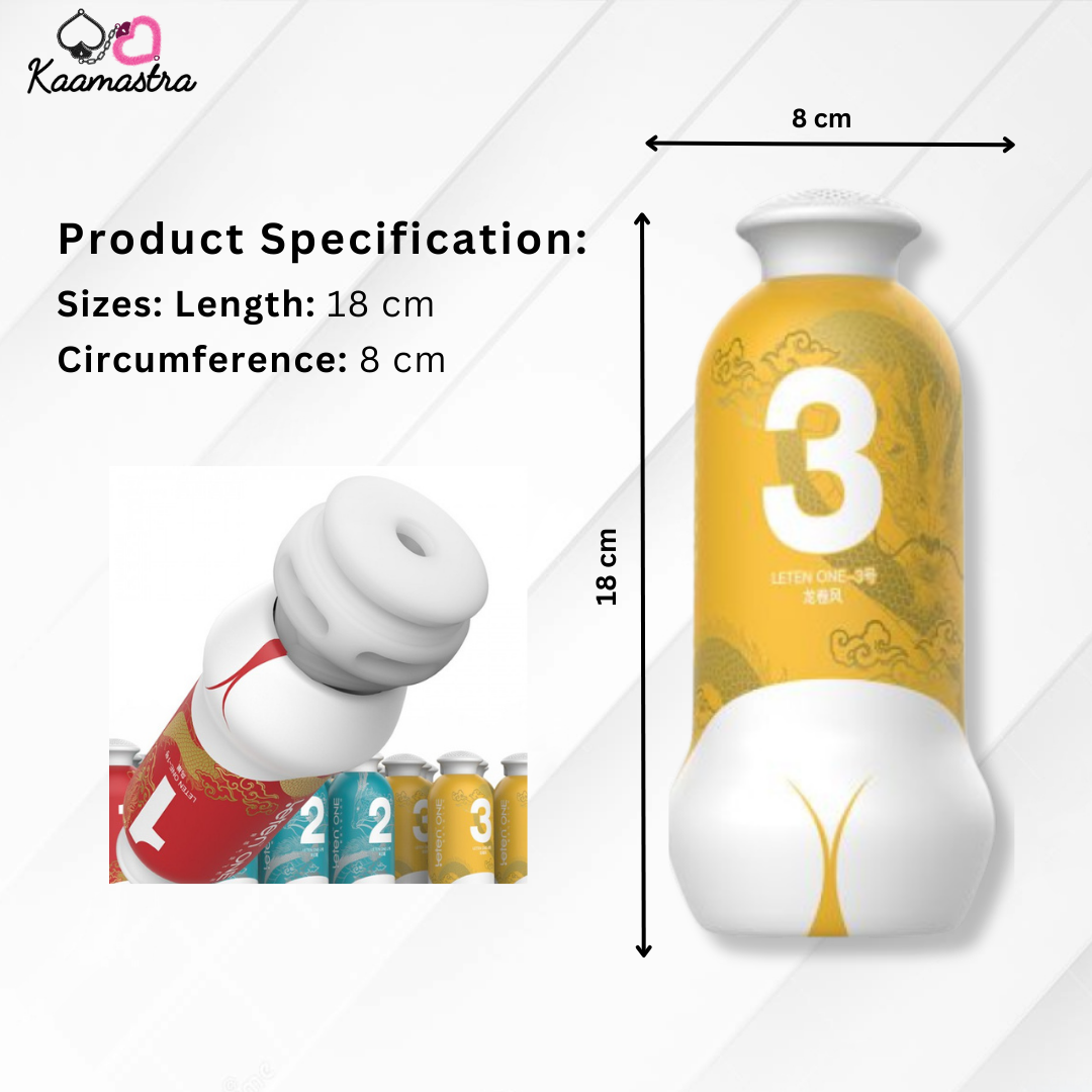 Specs for Leten One-3 Masturbator - 18cm length, 8cm circumference, soft TPE material.