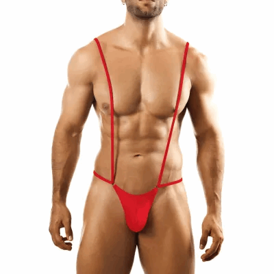 This image features the Kaamastra Red Mankini Men's Lingerie, designed to showcase a bold and striking appearance. The lingerie consists of a bright red G-string-style bottom and a matching red bra-top, both made from a shiny, smooth fabric that enhances the product's sleek look.
