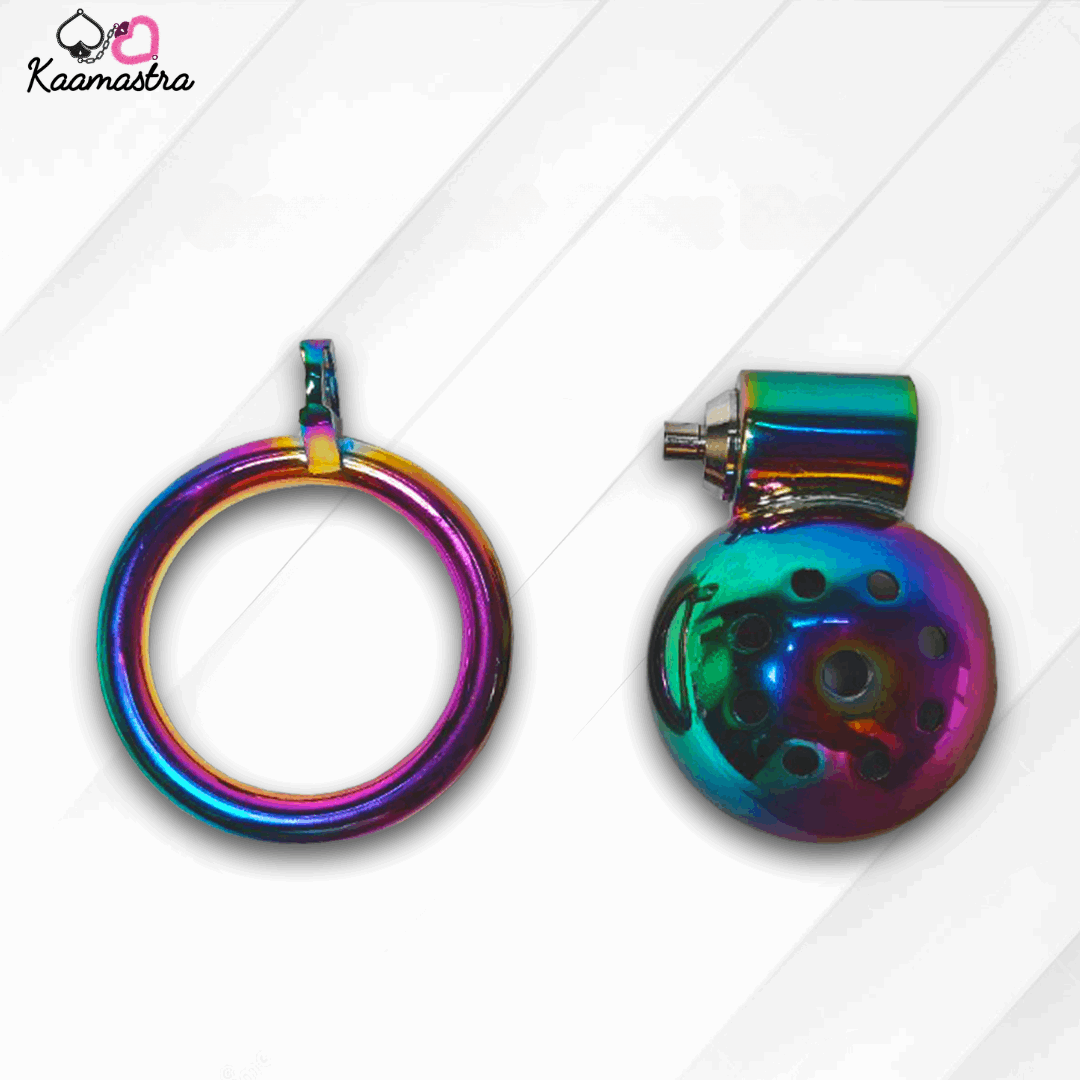 Multicolored metal ring and round object on a white background with 'Kaamastra' branding.