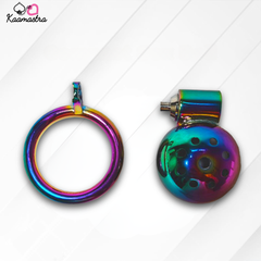 Multicolored metal ring and round object on a white background with 'Kaamastra' branding.