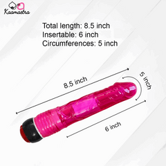 Size details of pink dildo vibrator: 8.5 inches total length, 6 inches insertable, 5 inches circumference
