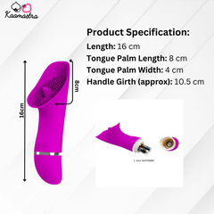 Product specs: 16cm clit stimulator with 8cm tongue palm and 10.5cm handle girth