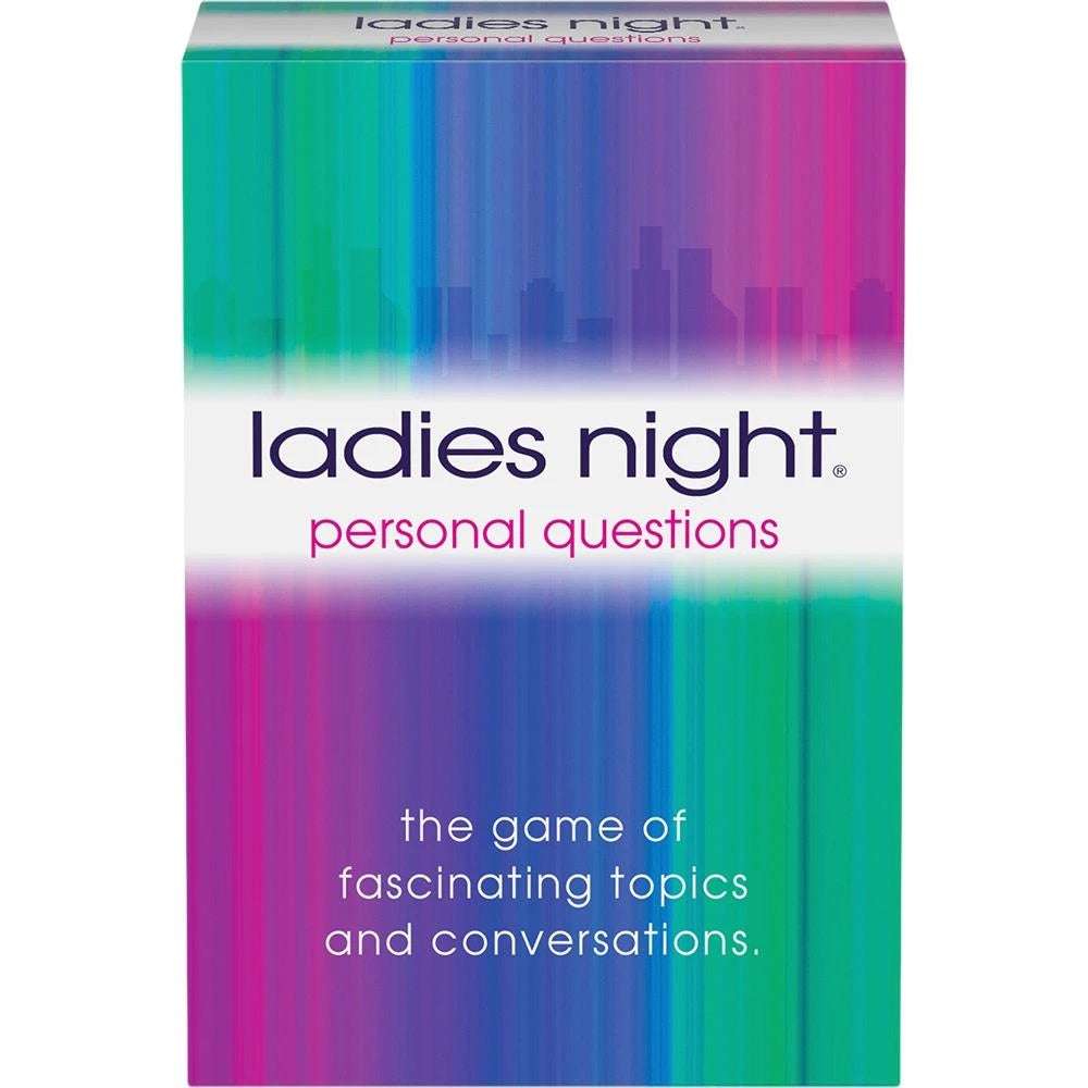 The image shows a colorful box of the game 'Ladies Night Personal Questions,' with vibrant horizontal stripes in various colors, including pink, purple, and teal. The product title and the description 'The Game of Fascinating Topics and Conversations' are visible.