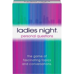 The image shows a colorful box of the game 'Ladies Night Personal Questions,' with vibrant horizontal stripes in various colors, including pink, purple, and teal. The product title and the description 'The Game of Fascinating Topics and Conversations' are visible.